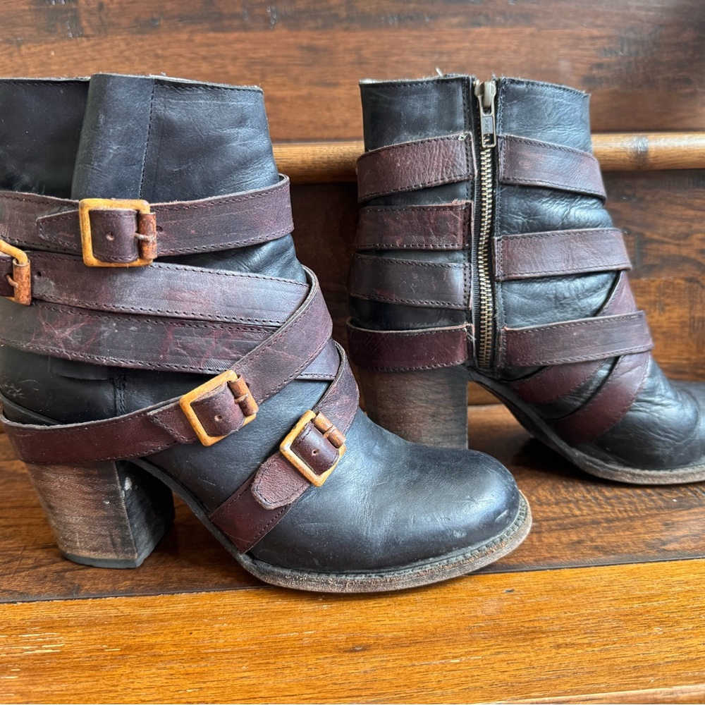 Freebird by Steven Black and Brown Ankle Booties with Chunky Heel